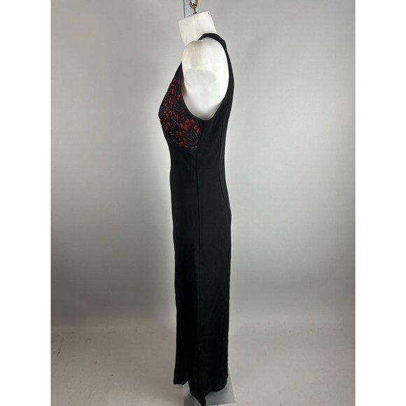 Vtg 90s Tadashi Black Red Halter Empire Waist Slit Bodycon Maxi Dress Size 8 - Picture 5 of 8